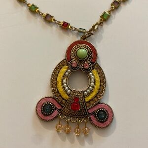 Colorful Exotic long gold tone 34 inch necklace with 2 inch pendant